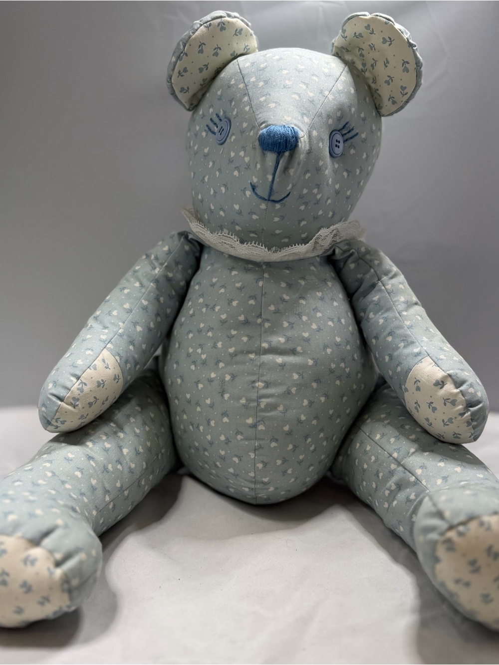 Handcrafted Light Blue Patterned Bear Plush Toy